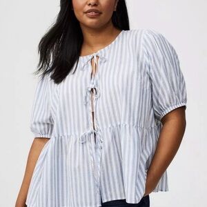 Torrid 100% Cotton Blue & White Stripe Tie-Front Blouse | Peplum Top 4X NWT